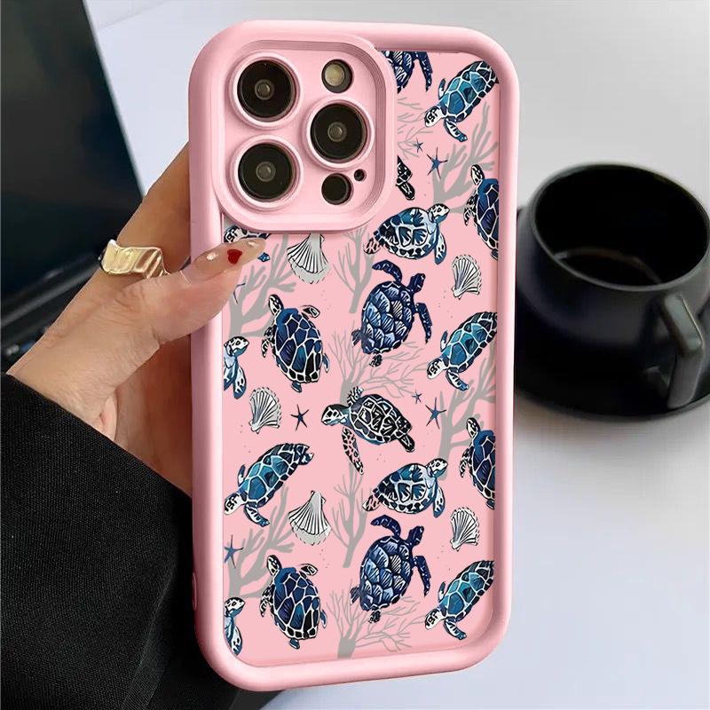 For iPhone 16 Pro 16E 15 Pro Max 14 13 12 11 Phone Case Shell Coral Turtle Pattern Anti-Fall Lens Protection Matte TPU Shockproof Soft Bumper Cover