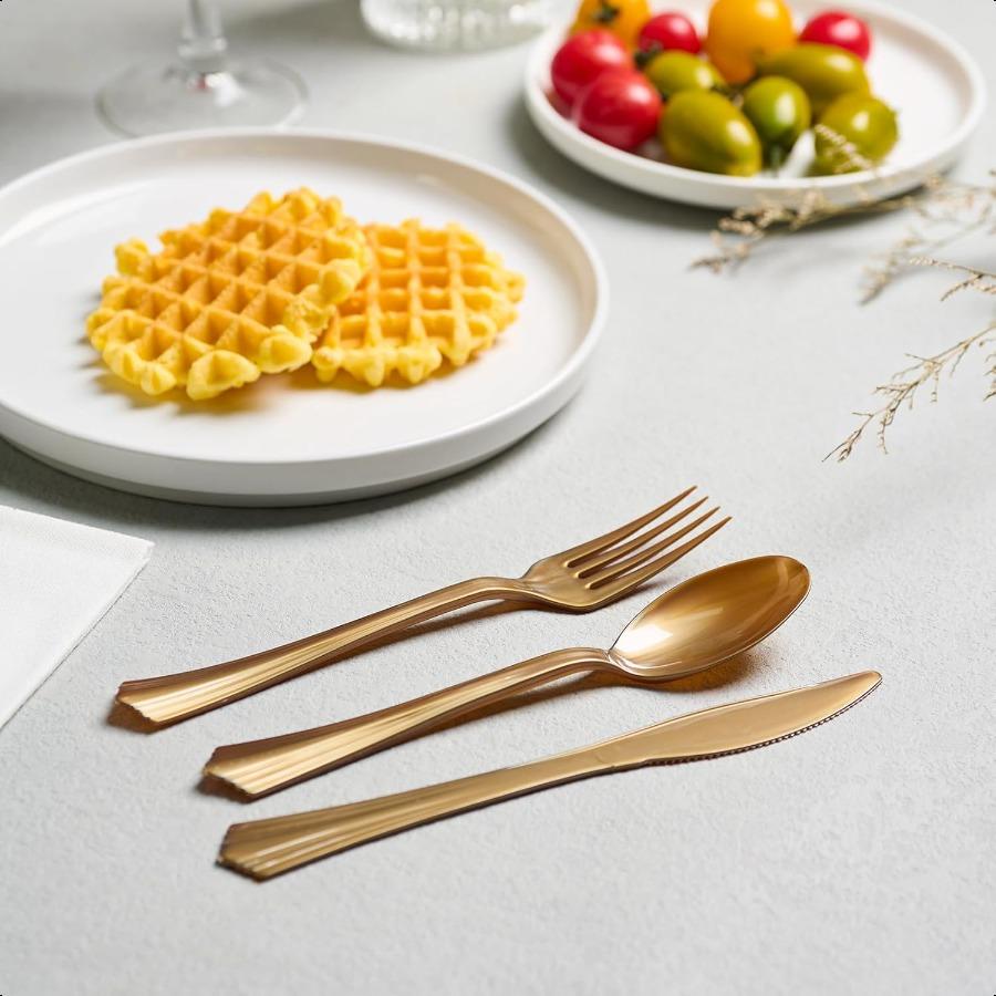 180 Count Gold Plastic Silverware Set Disposable Dinnerware Sets Plastic Cutlery Set Includes 60 Forks 60 Spoons 60 Knives Plas