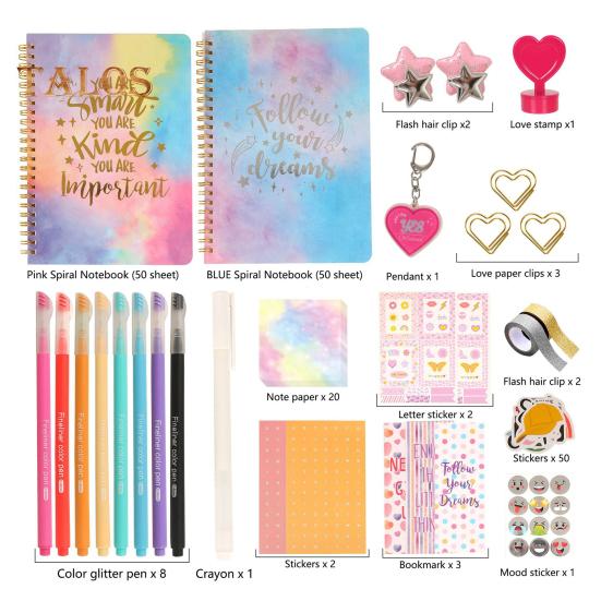 Tagebuch-Set für Mädchen im Alter von 8–12 Jahren, DIY-Schreibwaren-Set mit farbigen Stiften, Aufklebern, Klebeband, Journaling- und Scrapbooking-Zubehör