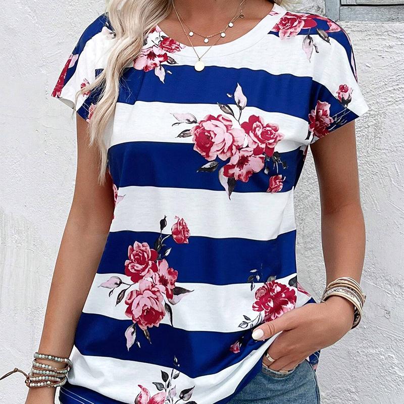 

Модная женская креативная цветочная полосатая футболка с цветными блоками и принтом, забавная повседневная футболка с круглым вырезом и короткими рукавами, летняя женская футболка 8XL темно-синий