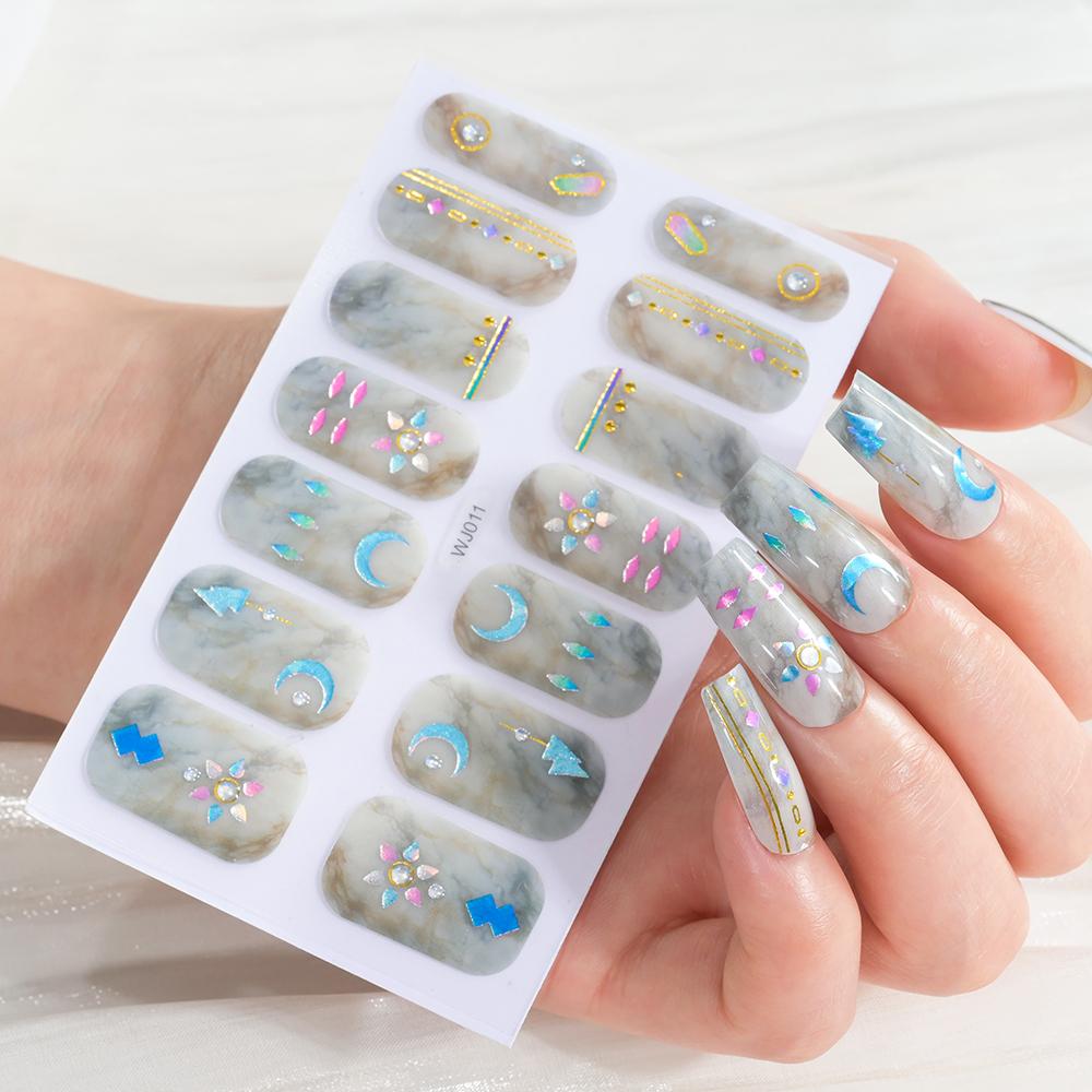 14 Tips/sheet Women Girls Full Cover Self-adhesive Nail Polish Stickers Baking Free Marble, Shell Pattern Nail Wrap Decals Decor
