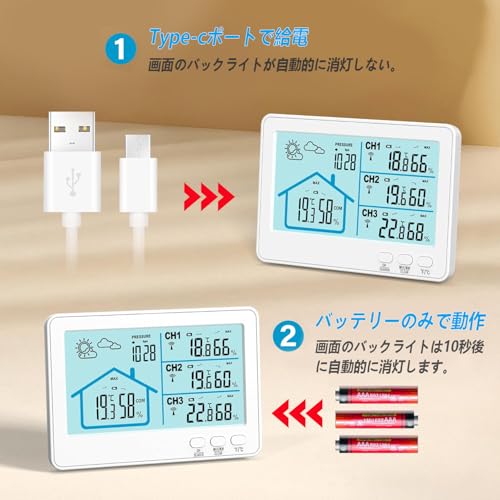 Timloon Digital Thermometer & Hygrometer, Indoor/Outdoor Wireless Thermometer & Hygrometer, 3 Sensors, Weather Forecast/Barometric Pressure Display/La