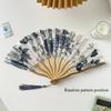 Traditional Chinese Ink Painting Folding Fan Portable Bamboo Cloth Hand Fan with Floral Pattern and Tassel for Qipao Accessory