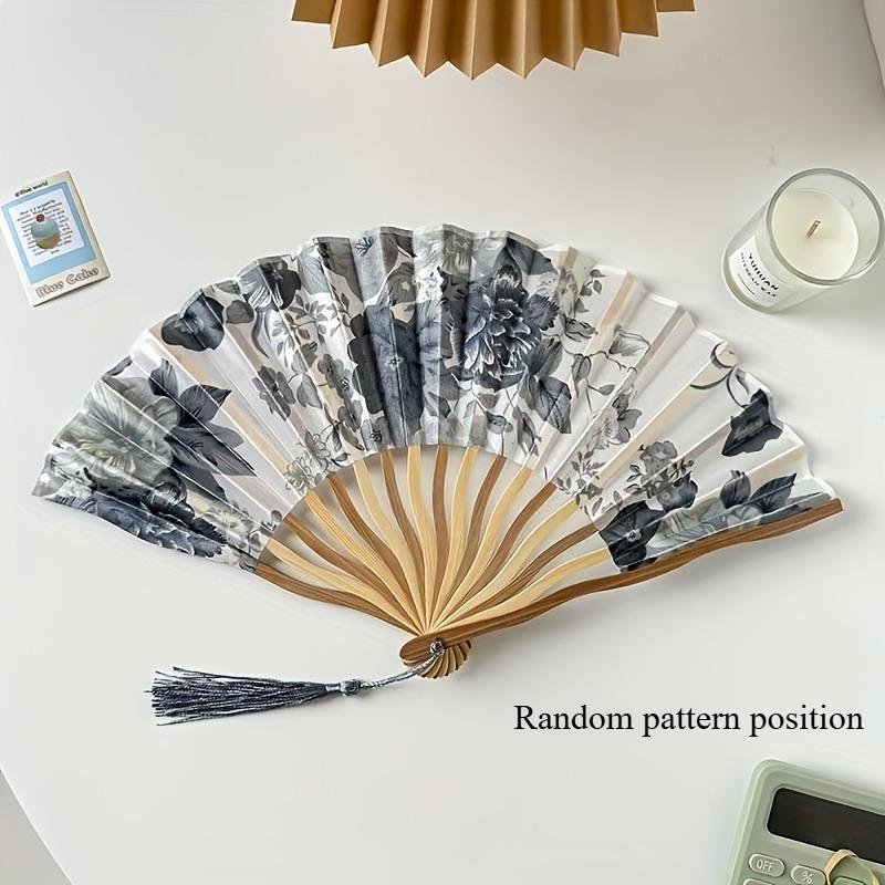 Traditional Chinese Ink Painting Folding Fan Portable Bamboo Cloth Hand Fan with Floral Pattern and Tassel for Qipao Accessory