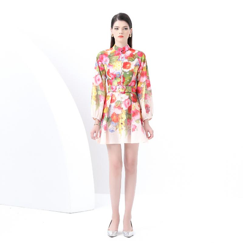 Frühling Sommer Damen Stehkragen Vintage Print Laternenärmel Mini Kurz Urlaubs Strandkleider mit Gürtel