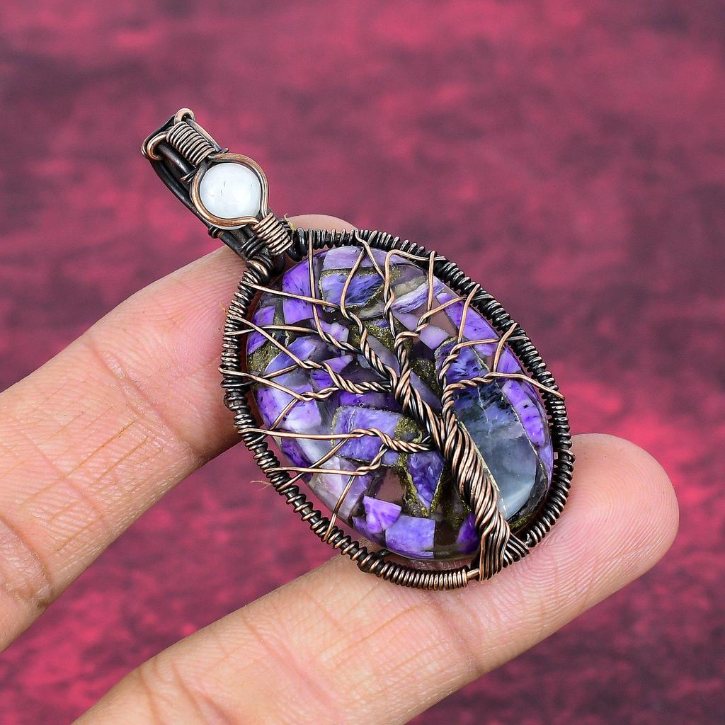Tree Of Life Charoite Pendant Copper Wire Wrapped Rainbow Moonstone Pendant