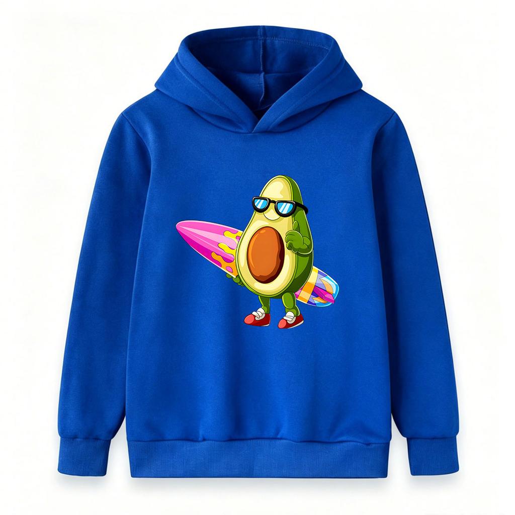 Kids Boys Girls Hoodie, Cool Avocado Surfer Cartoon Print Pullover Hooded Sweatshirt, Casual Long Sleeve Top for Beach Holiday Daily Wear 3-12 Years