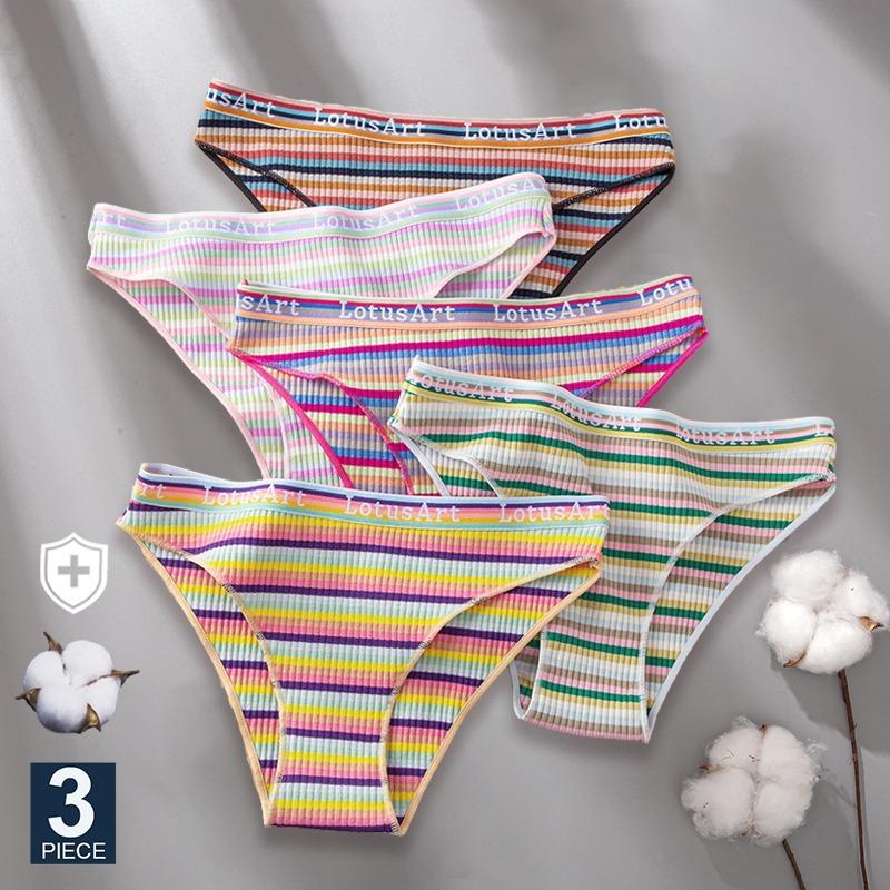 3PCS/Set Women Cotton Seamless Panties for Female Underwear Panty Sexy Colorful Striped Lingerie Letter Waist Brief