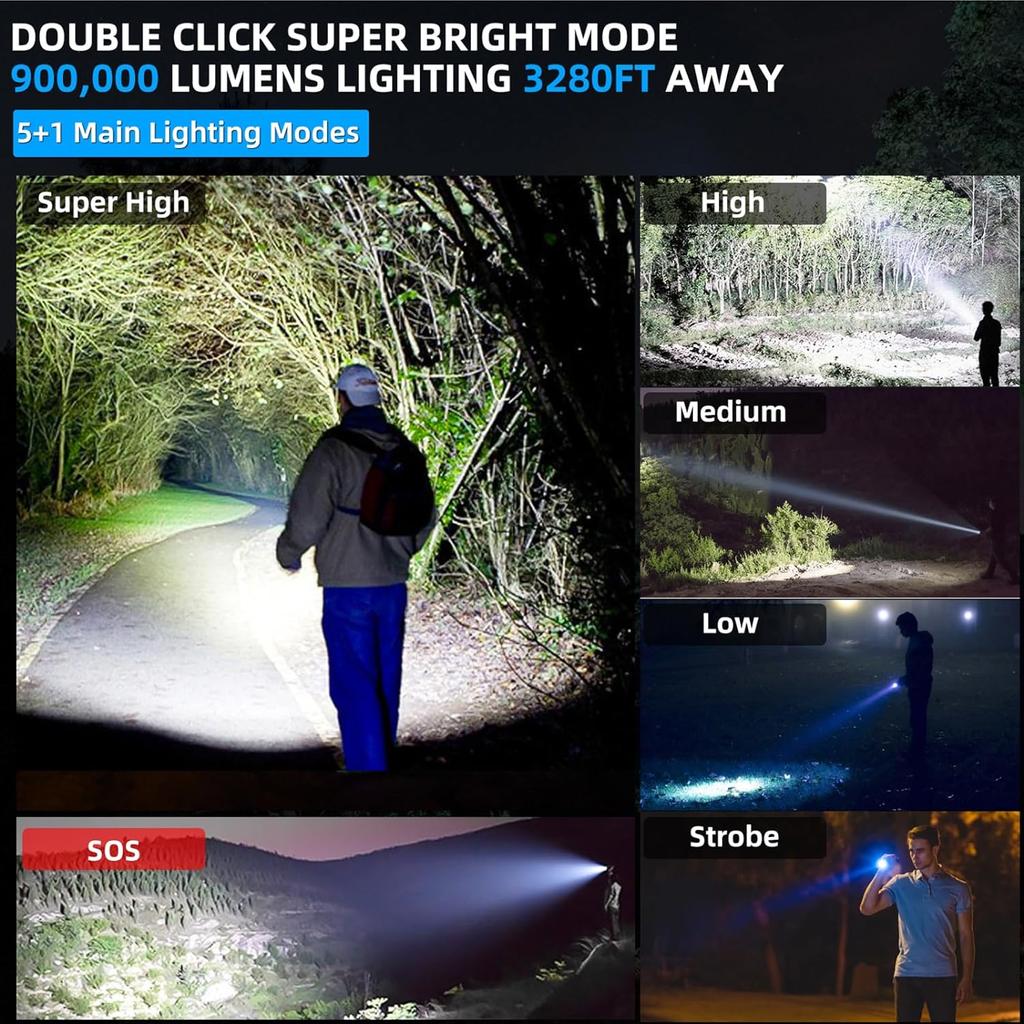 XHP90 Rechargeable LED Flashlights with Digital Display 12000 High Lumens Zoomable Flashlight for Emergency Camping Power Outage