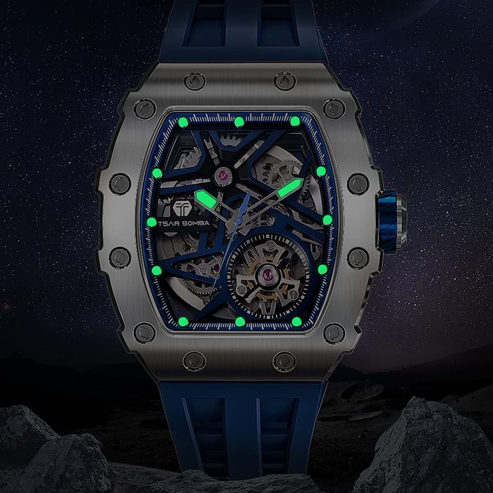 Hodinky TSAR BOMBA Business 50M voděodolné hodinky s skeletem Stylové hodinky Tonneau z nerezové oceli s obličejem a ramenem pro muže Světelný japonský strojek Modrá