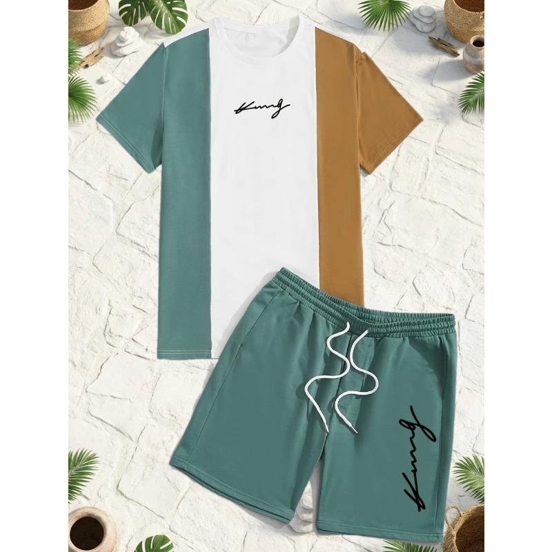 

including crew neck short-sleeve T-shirt and drawstring shorts, with striped designs on the T-shirt cuffs and the hems of the shorts S
