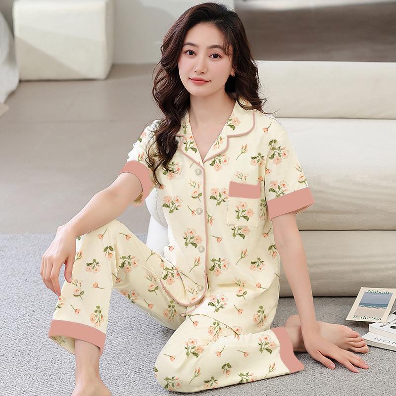 Imitation cotton pajamas women's summer new short-sleeved trousers simple flower mother loungewear large size set