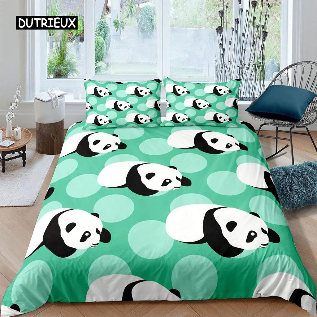 Panda Duvet Cover Set Cherry Blossoms Cute Animal Bedding Set Flower Branches Cartoon Double Queen King Polyester Quilt Cover