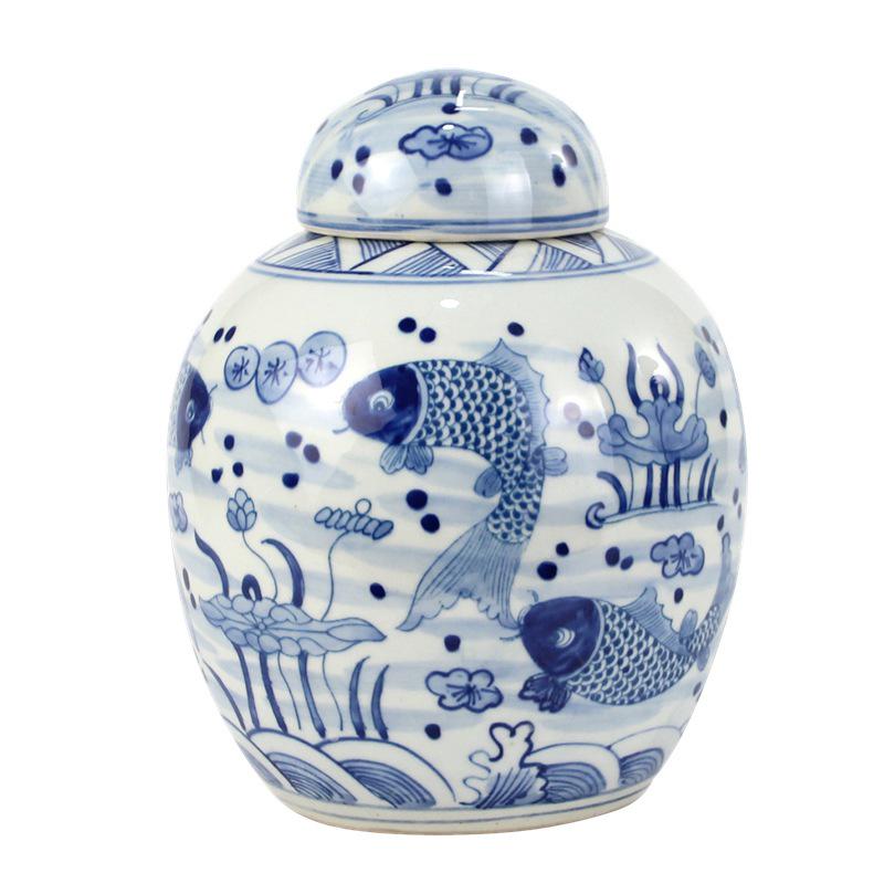 Hand-Painted Blue and White Porcelain Jar with Antique Fish and Grass Design - Home Decoration