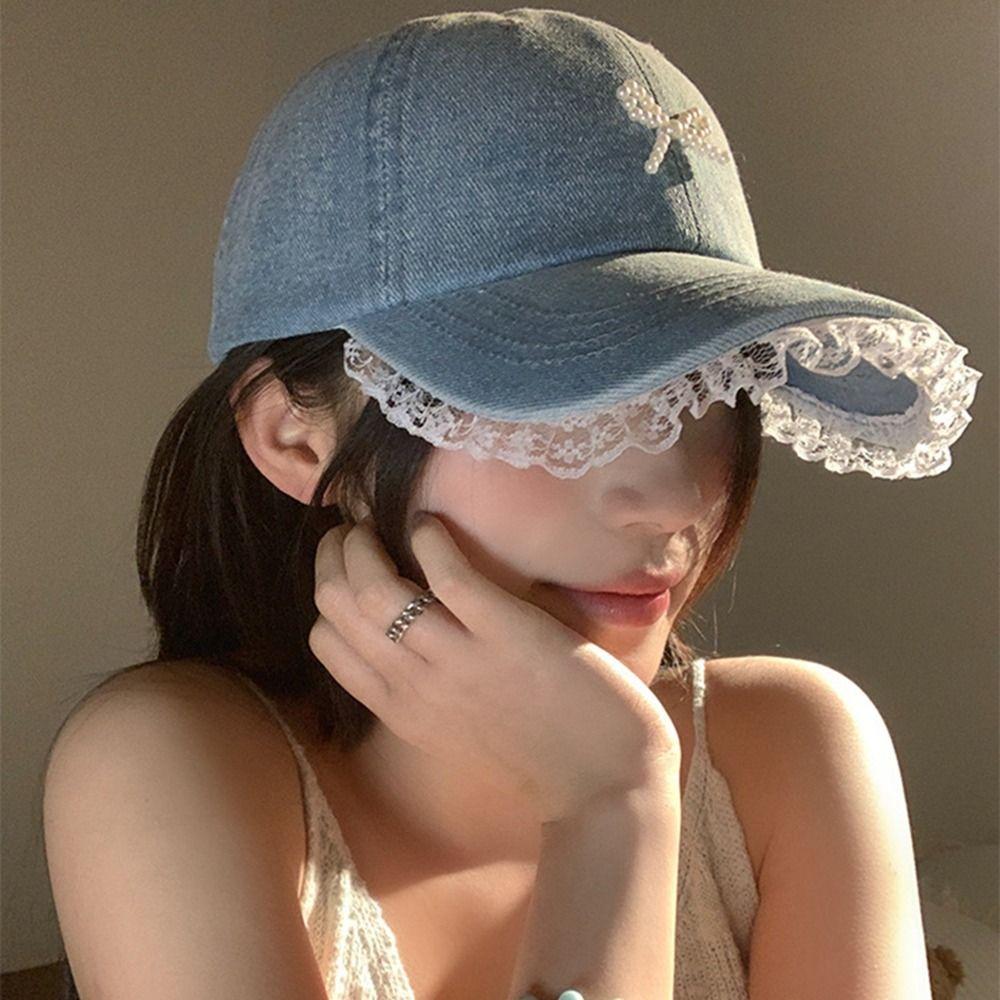 Pearl Bowknot Baseball Hat Lace Denim Hat Versatile Peaked Cap  Outdoor