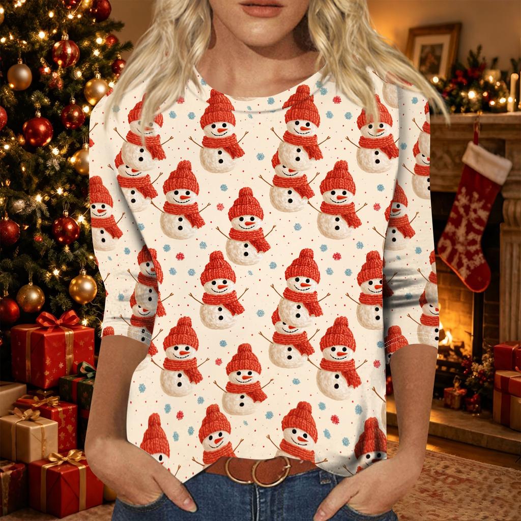 Women's Fashion Casual Christmas Print Three-Quarter Sleeve Neck T-Shirt