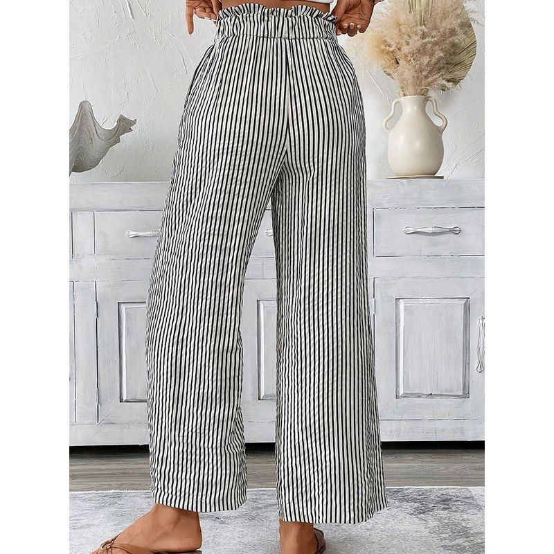 American Shiying Stripe Print High Waist Straight Pants Women 2025 Summer New Loose Lace-up Casual Pants Women