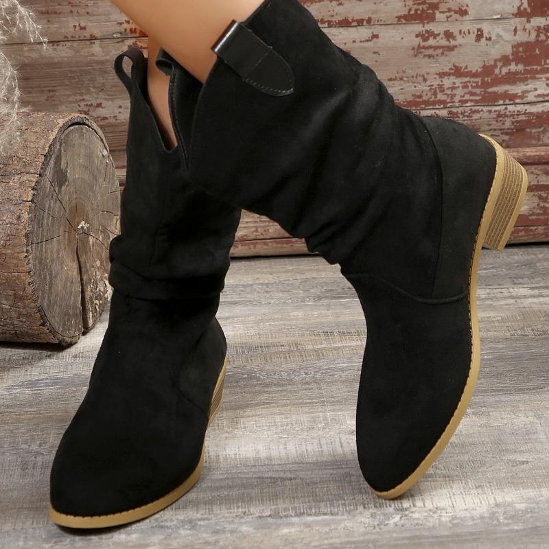 Female Shoes On Sale  New Slip On Women's Boots Spring Autumn Pointed Toe Solid High Tube Chunky Heels Plus Size Boots