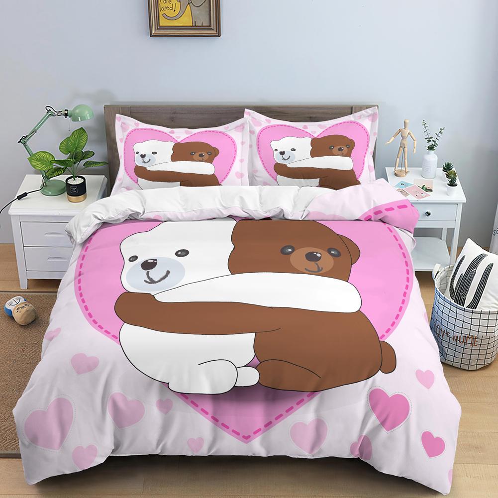 3D Romantiskt Alla hjärtans dag Påslakan Röd Ros Björn Tryckt Påslakan för Flicka Queen Quiltöverdrag Kuddfodral Lyxigt Överdragset