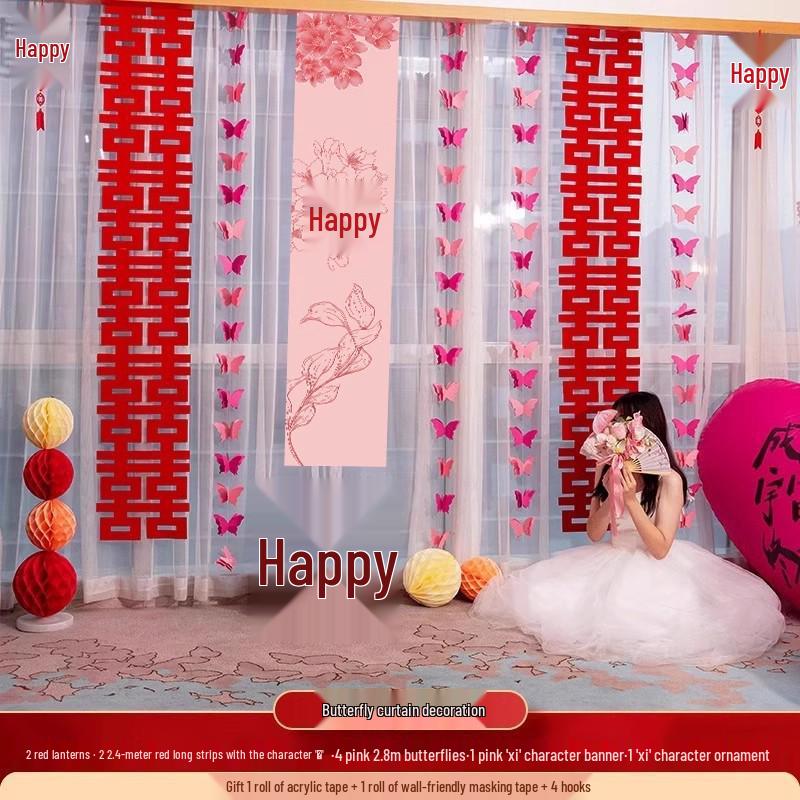 Wedding Room Decor Set: Double Happiness Curtains, Bay Window Trim, Bedroom Bows