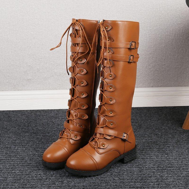 Neuer Stil Beliebte Damen Kniehohe Stiefel Herbst Winter Schnürstiefel Flache Schuhe Sexy Luxus Retro Schnalle Damenschuhe Damen Schneestiefel