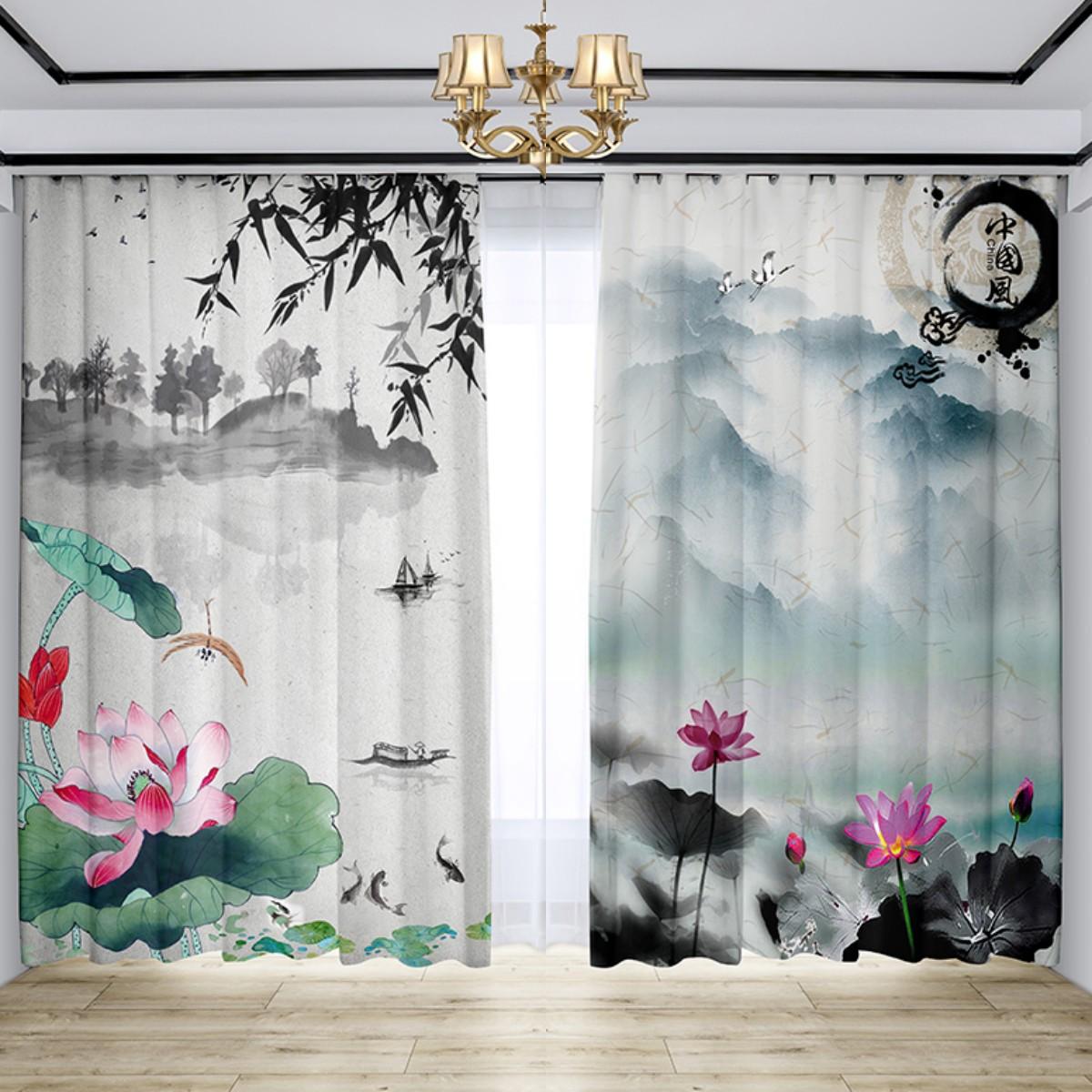

2 Panel Chinese Curtains Lotus Landscape Curtains for Sleeping Room Space Living Space Floor-to-ceiling Window Kitchen Area Blinds Grommet Top 2x50W130H(CM)&Grommet Top
