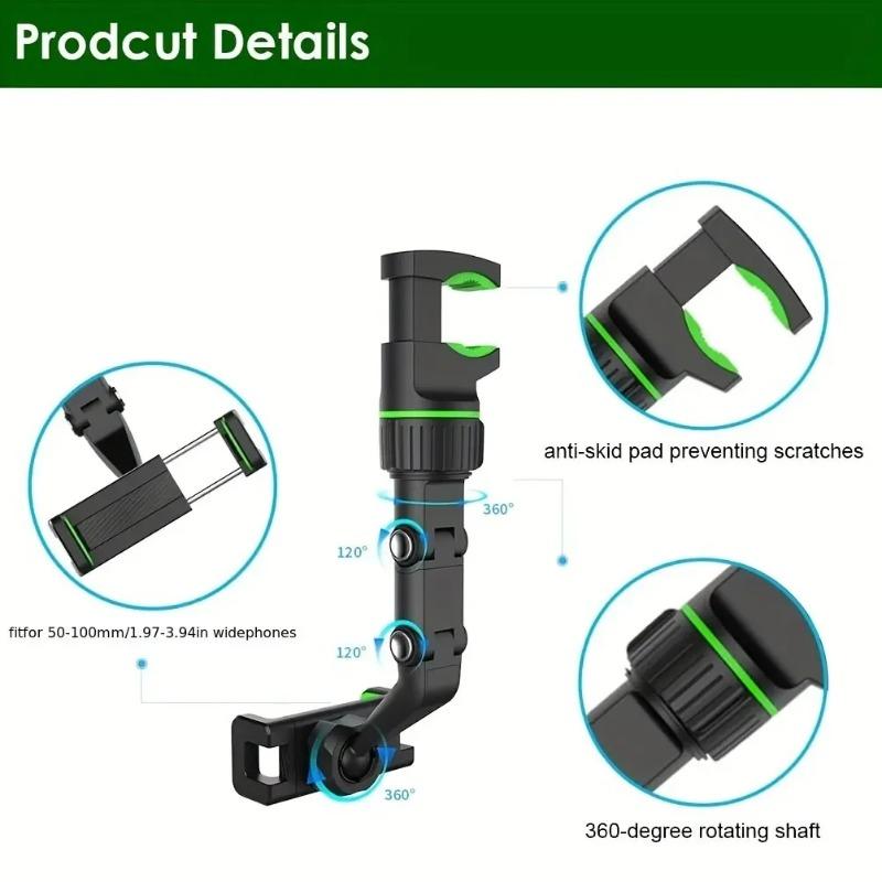 Car Rearview Mirror Phone Holder, 360° Rotatable & Retractable Vehicle Phone Mount, Versatile GPS Holder for Automobiles