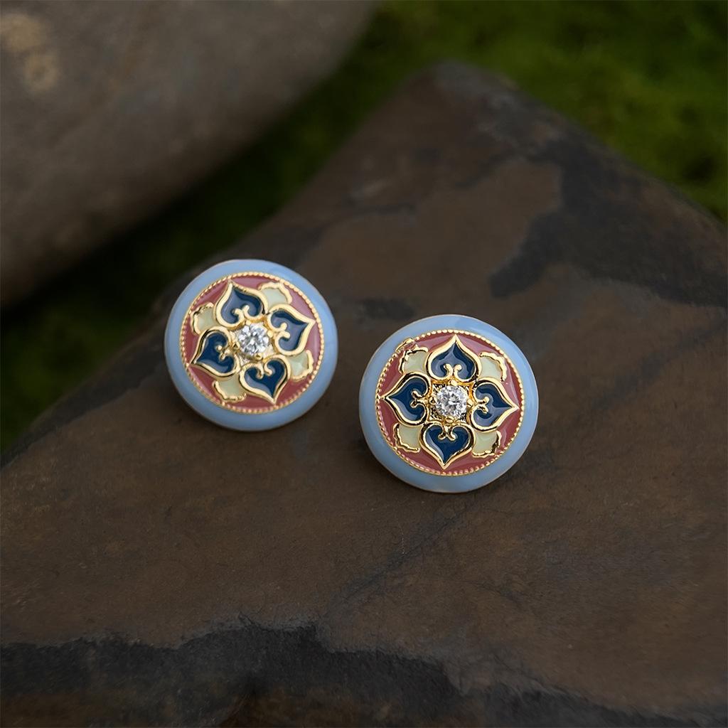 Vergoldete Retro Cloisonné Emaille Blumen Ohrstecker - Ethnisch Geometrisches High-End Design.