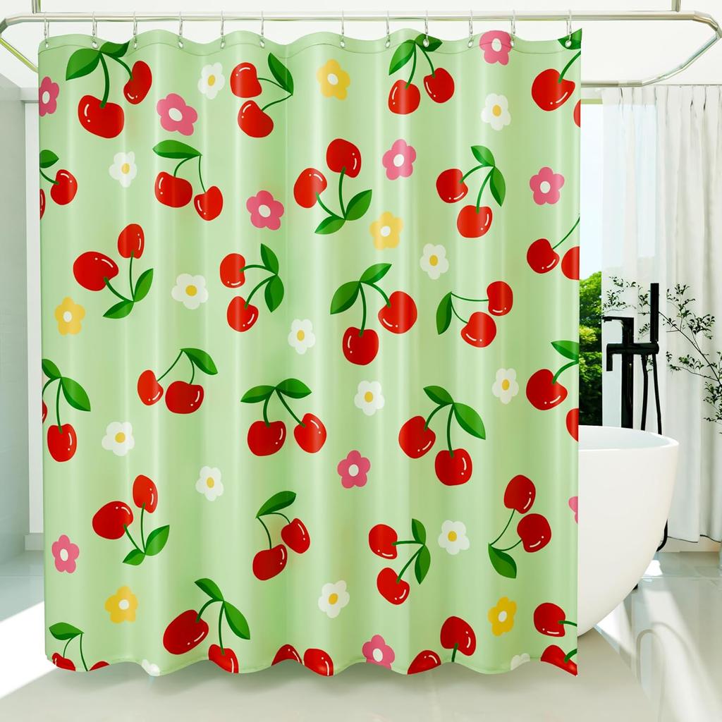 Cute Floral Cherry Curtains Waterproof Soft Polyester Bathroom Curtain- Washable Privacy Cloth Shower Curtain For Bathroom