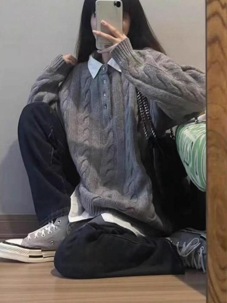 Women's Grey Twisted Knit Pullover Sweater - Loose College Style Base Layer for Autumn/Winter