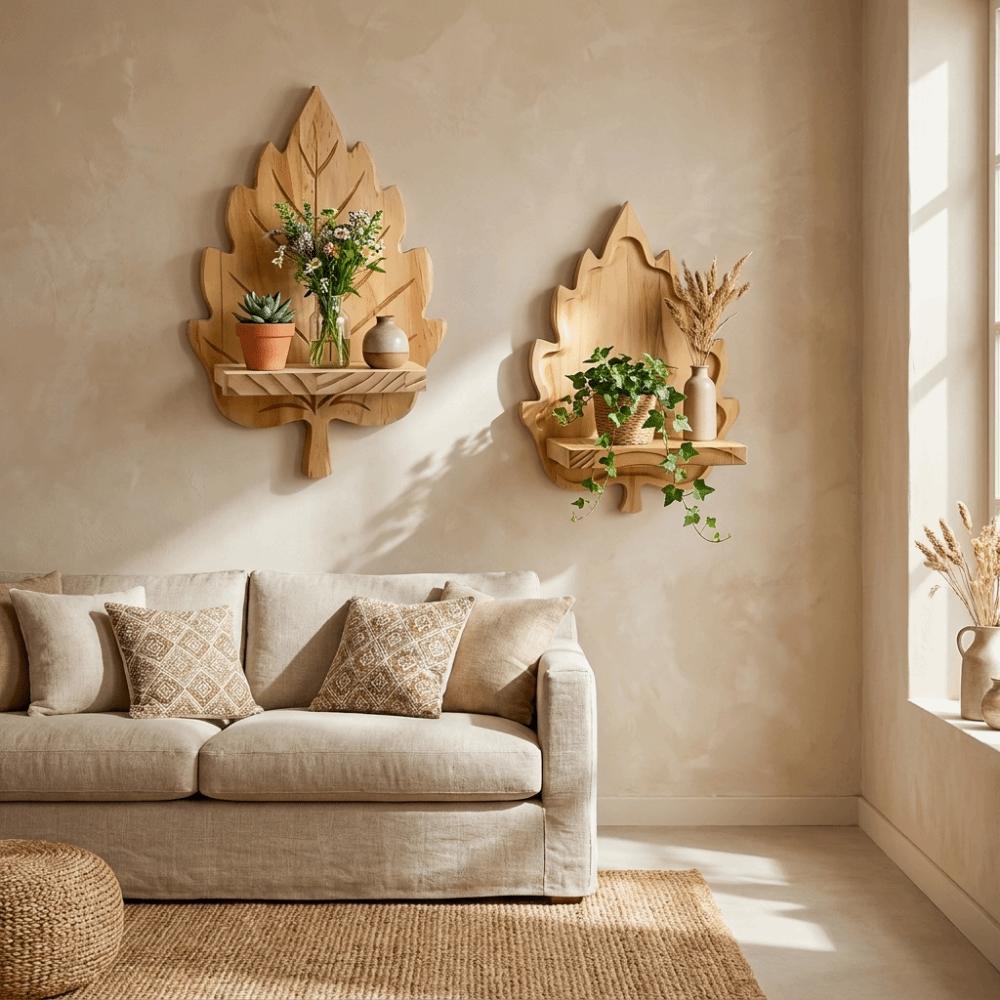 Nature Style Maple Leaf Wall Shelf Wooden Wall Mounted Leaf Shelf for Living Room