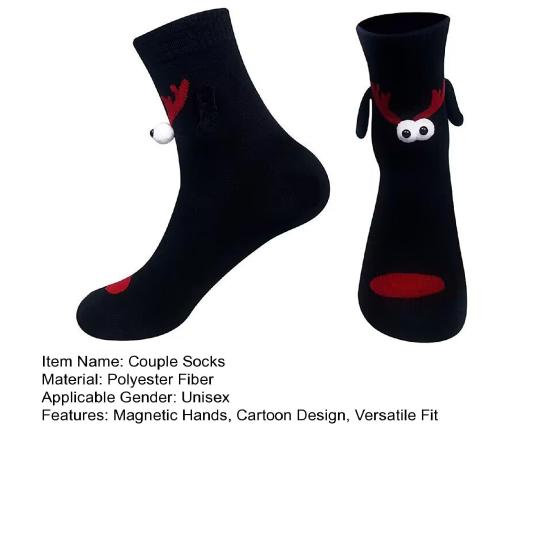 1 Pair Christmas Couple Socks Magnetic Hands Cartoon Deer Snowman Design Long Socks Soft Breathable Xmas Socks