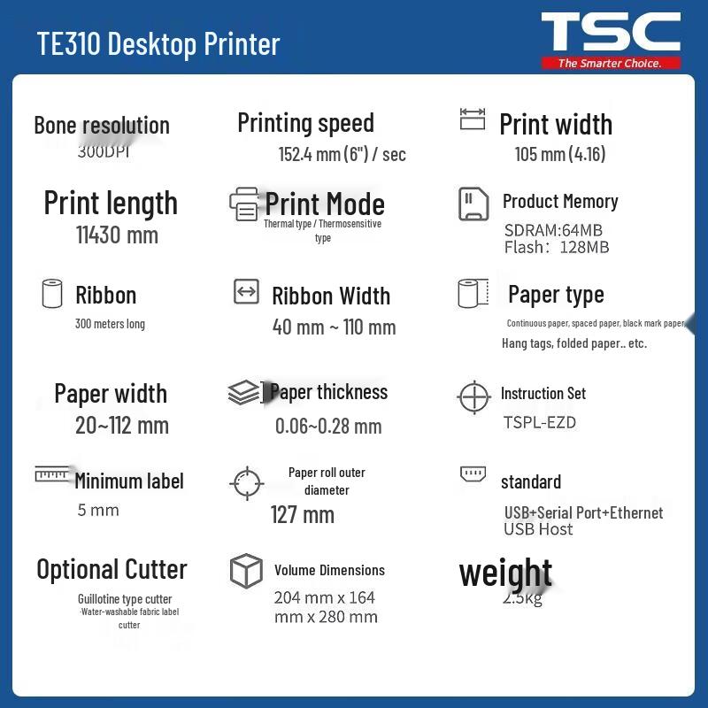 TSC TE310 WiFi Label Barcode Printer CN plug (adapter included)