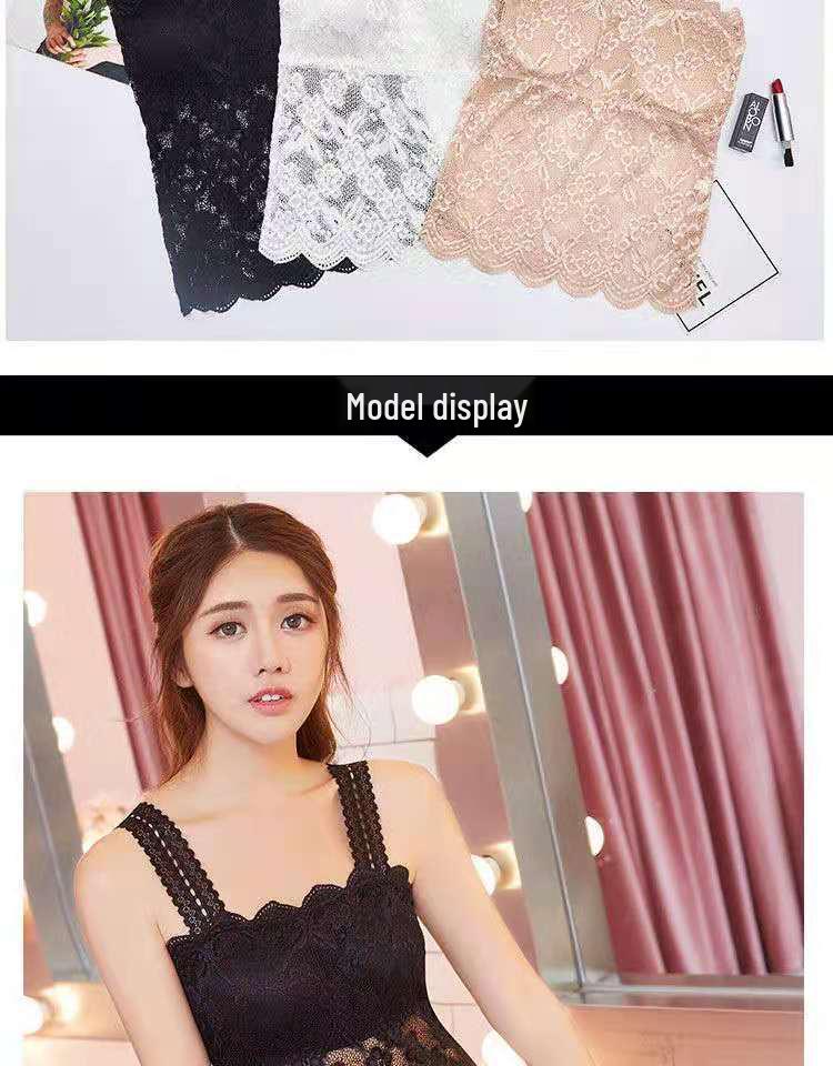 Lace Trim Underwear Camisole with Chest Pads - Women's Versatile Anti-Exposure Long Bra