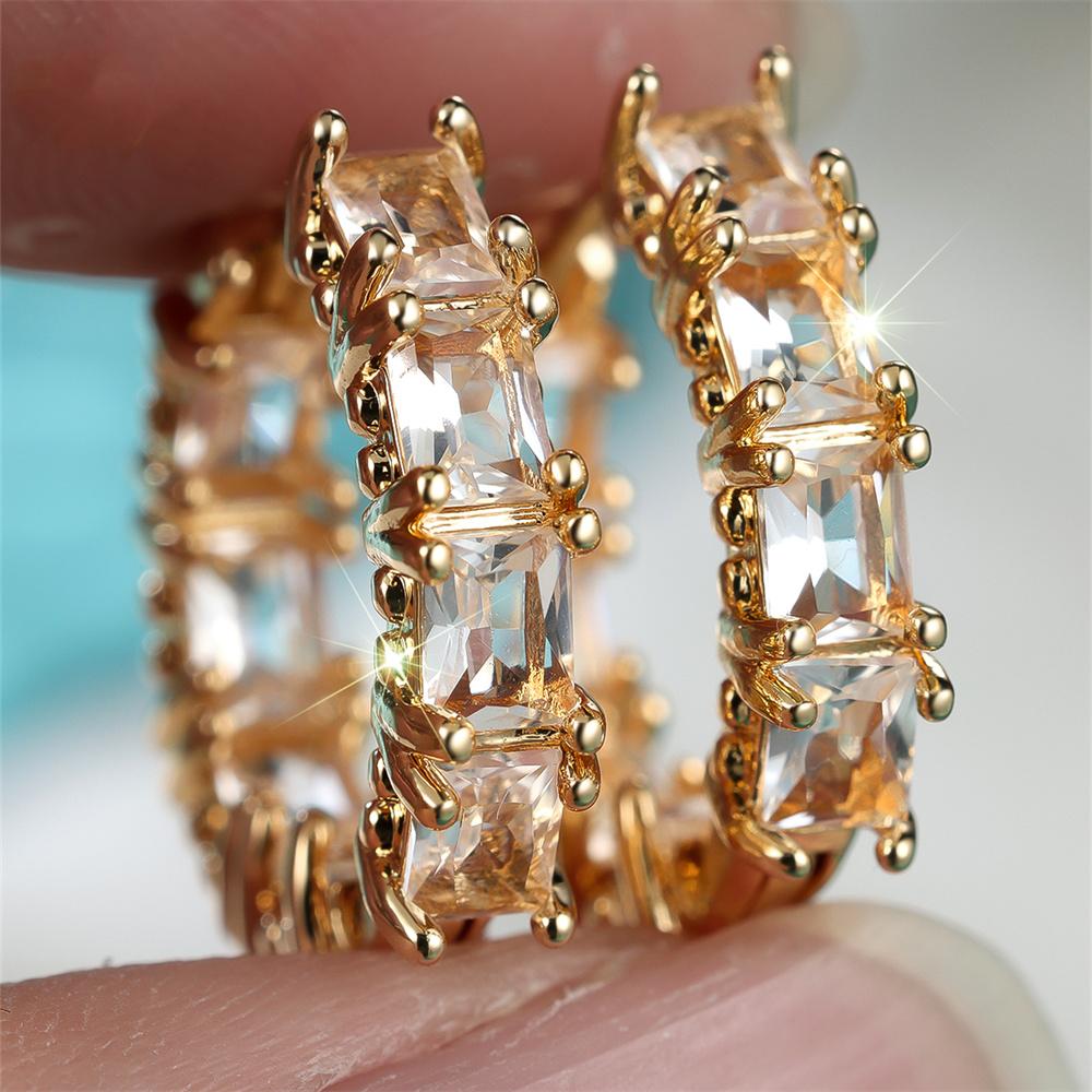 Rectangle Stone White Zircon Round Hoop Earrings For Women Vintage Gold Color Ear Buckle Wedding Jewelry Bridal Engagement Gifts