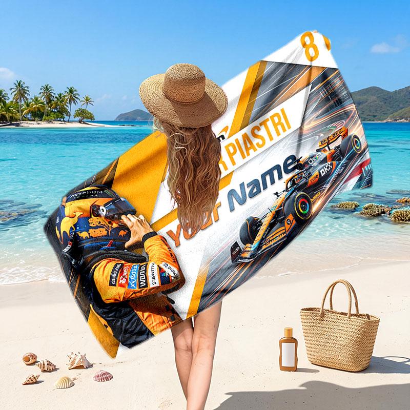 Oscar Piastri Customized Name Text Beach Towel, Soft Absorbent Towel Beach Pool Travel Personal Gift