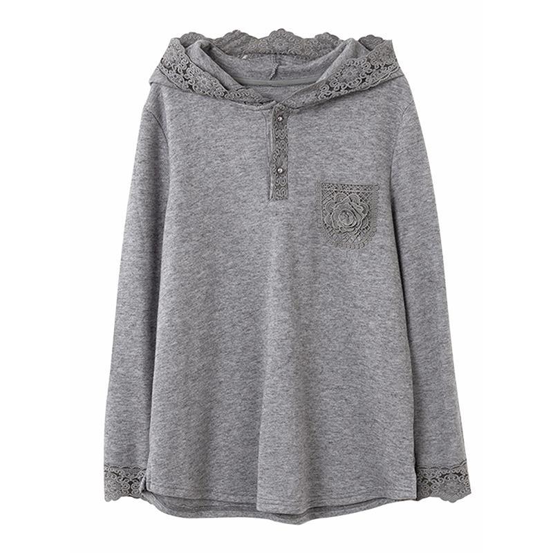 Mid-length Long-sleeved Lace Spliced Sweatshirt Korean Style Loose Casual Hooded Button Versatile Top