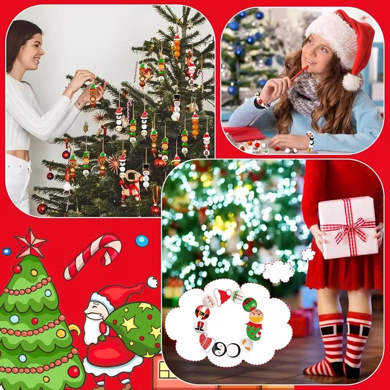 48/80Pcs Christmas Wooden Beads Santa Claus Gingerbread Man Elf DIY Garland Bracelets Xmas Tree Hanging Ornament Home Decoration