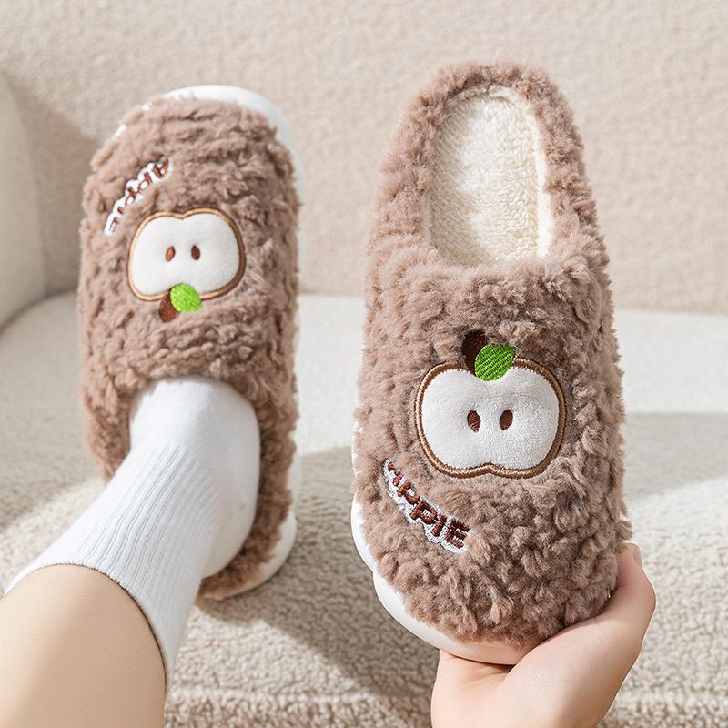Cotton slippers apple embroidery autumn and winter thick-soled velvet warm home cotton shoes couple shoes