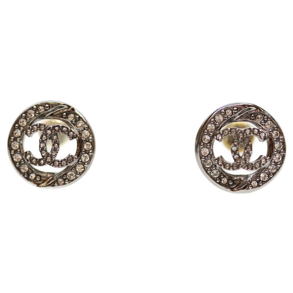 Chanel B25A CC Logos Rhinestone Round Earrings Earring SilverUsed