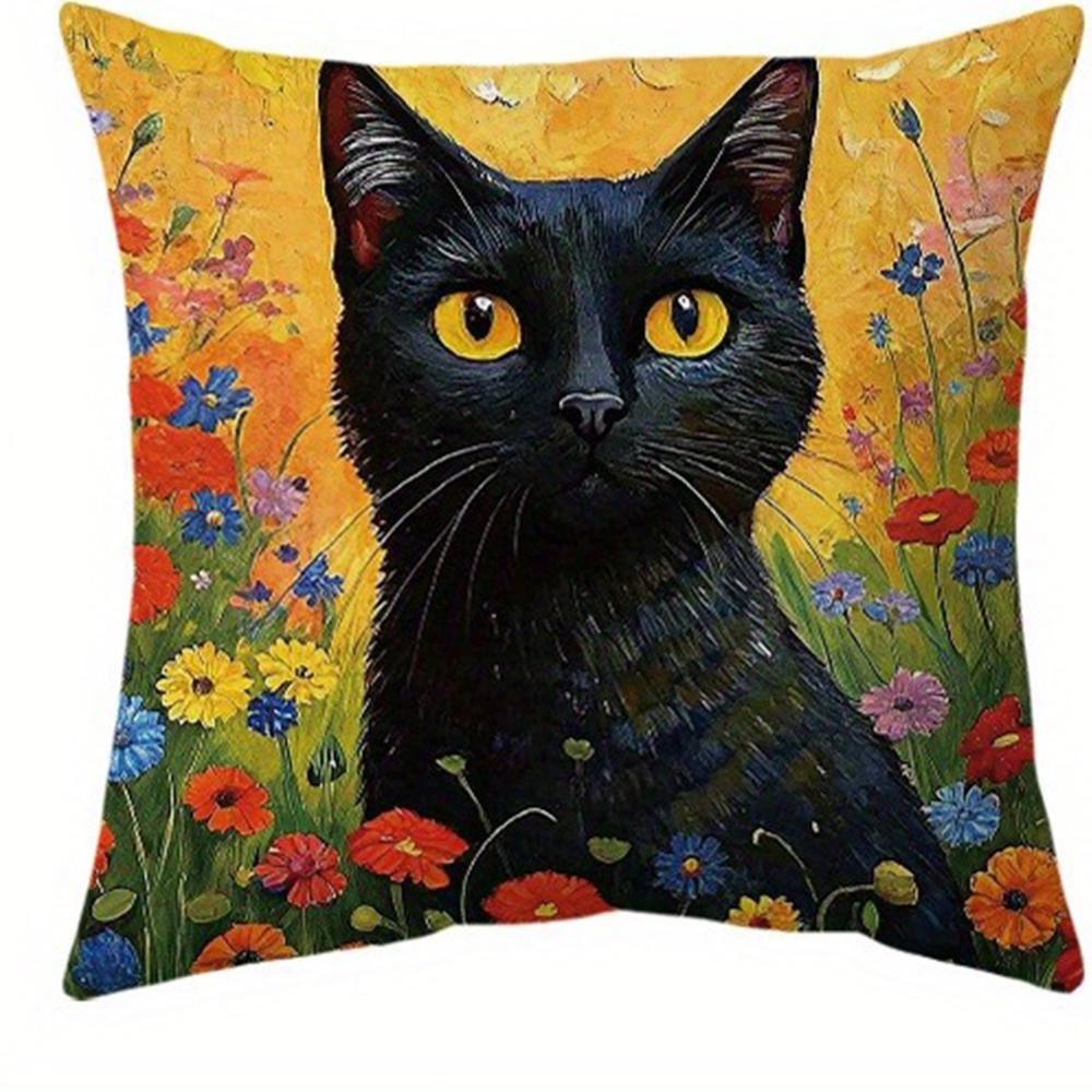 Artistic Black Cat - Floral Oil - Painting Pillow CoversLiving Room Sofa Cushion Cover, Soft and Comfortable, Room Decoration
