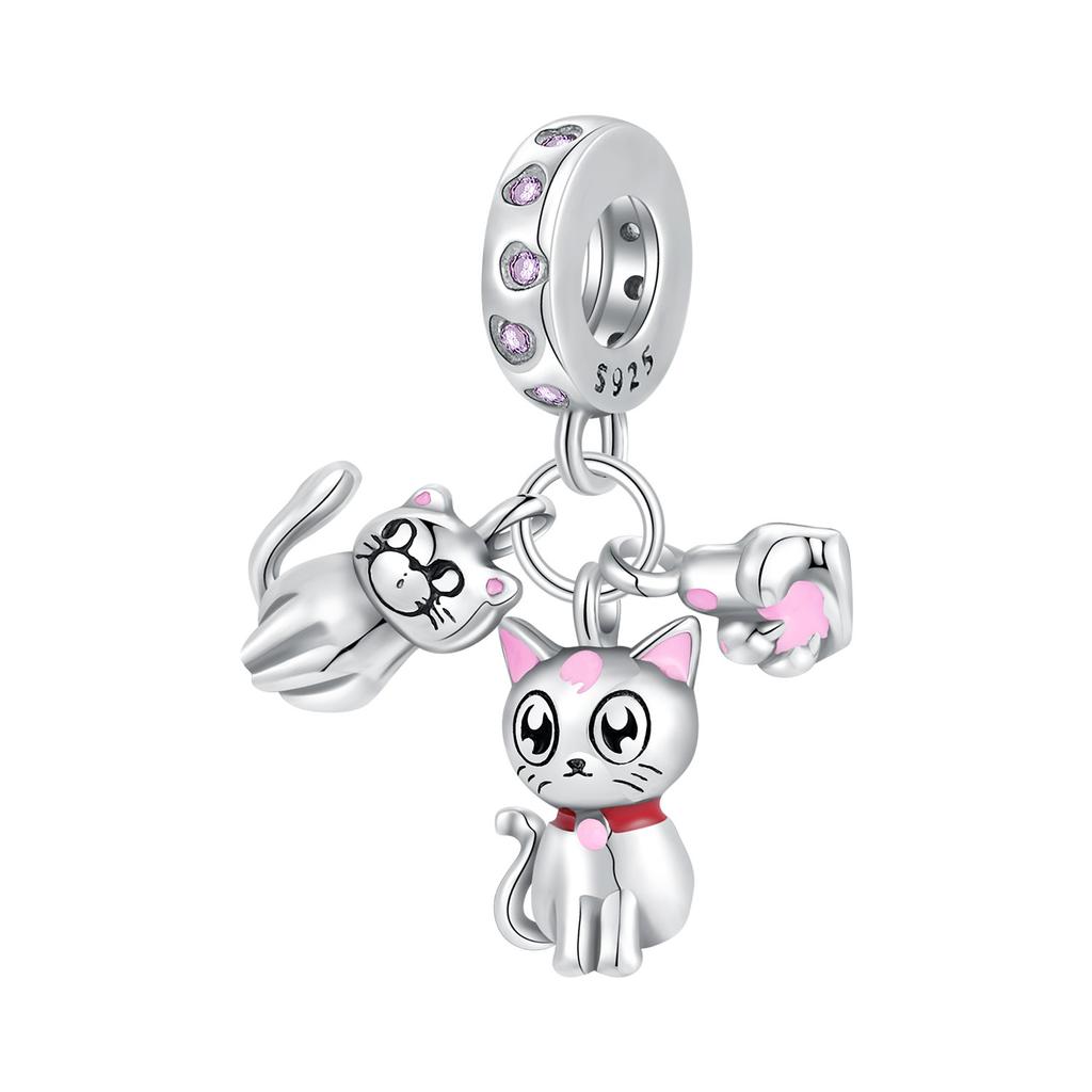 925 Silver Cat Charm Fish Pendant DIY Bracelet Jewelry Gift for Women Fashion Pet Lover Accessories