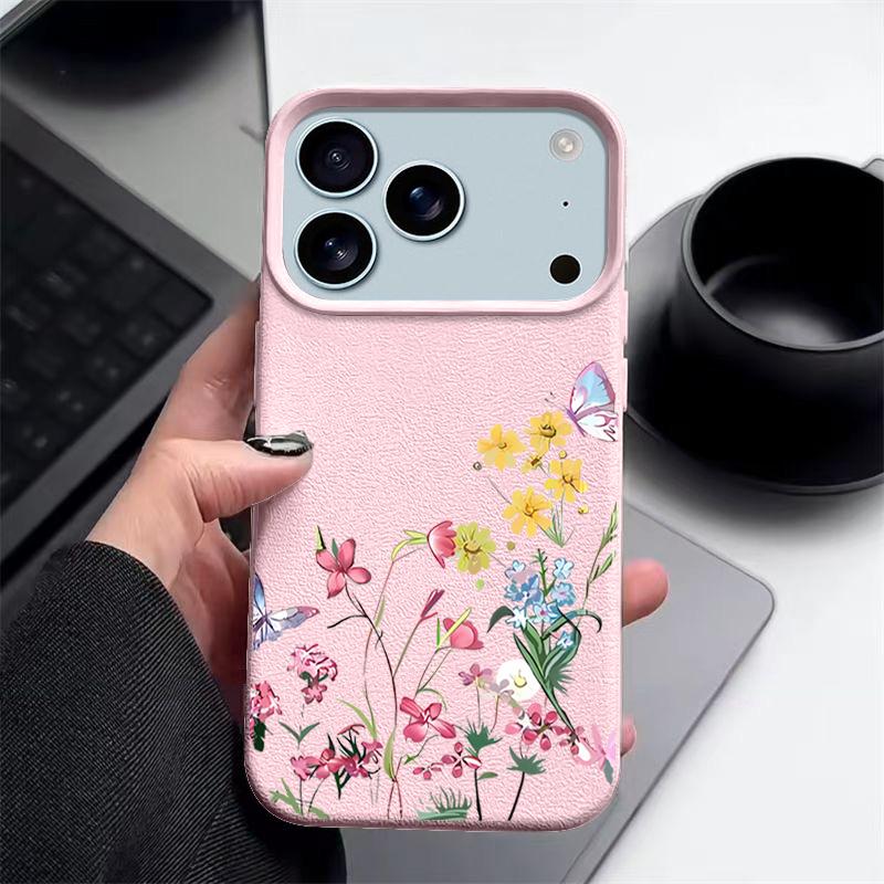 Mini Blossom Print Protective Soft TPU Leather Texture Cover For iPhone 17 Pro Max Air 16e 15 14 13 Shockproof Case