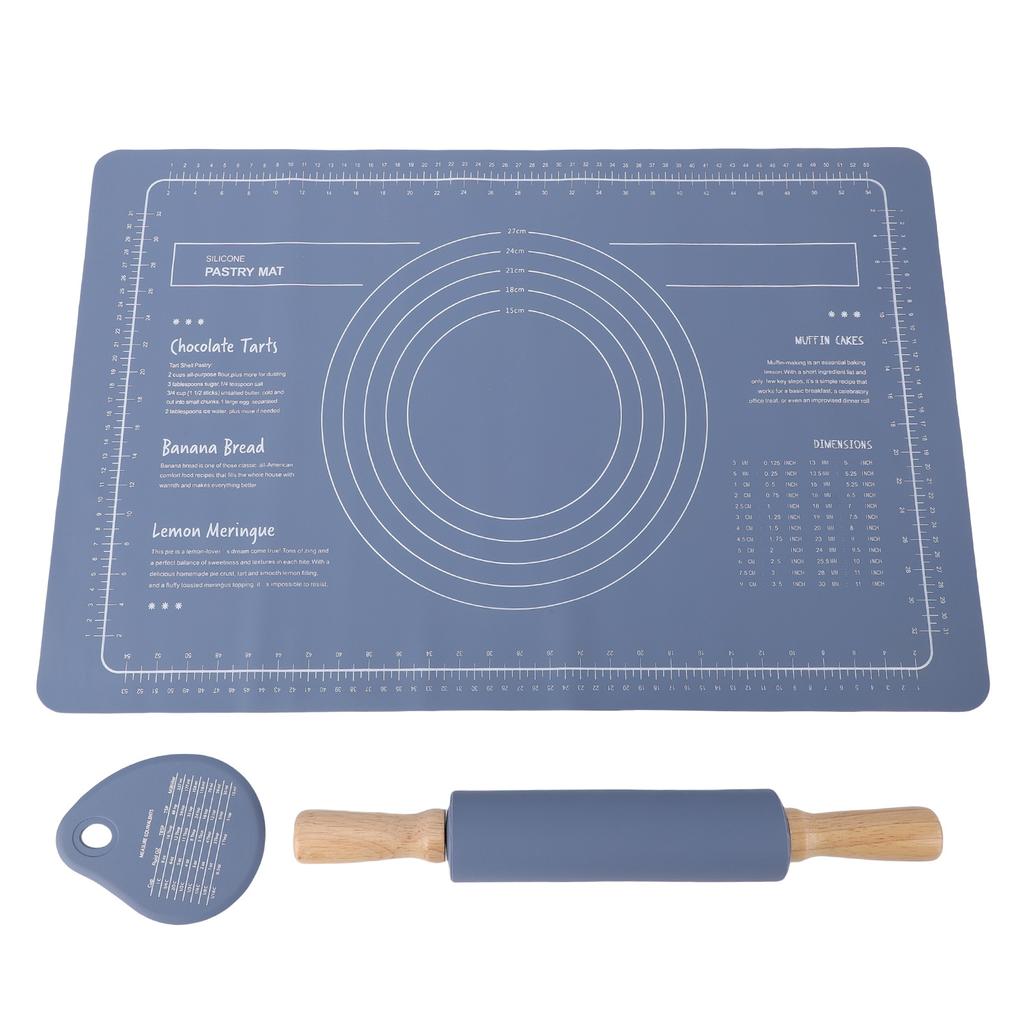 Rolling Pin Pastry Mat Set With Measurements Cutter Anti Slip Thick Silicone Baking Dough Rolling Sheet for Pizza Pies