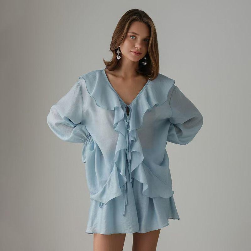 

Western Style New Fashion Frill Lace-up Shirts Shorts Two-Piece Suit Shirt and Shorts Set Blue S