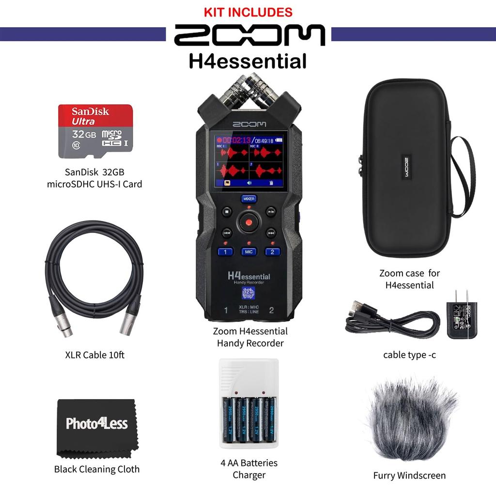 Zoom H4n Essential Handheld Recorder Bundle with Accessory Pack 32GB MicroSD Card 2 XLR Cables 4 AA Batteries and Charger