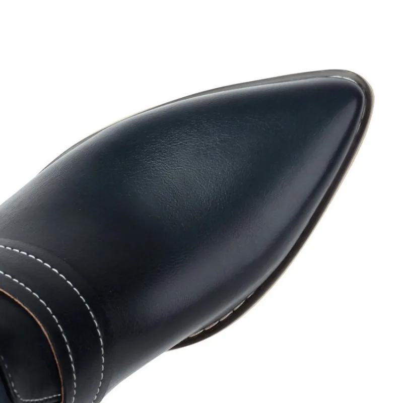 Fashion European American Color Blocked Western Cowboy Boots Women Pointed Spliced Belt Buckle 4.5cm Thick Heel Knee High Boots 35-46