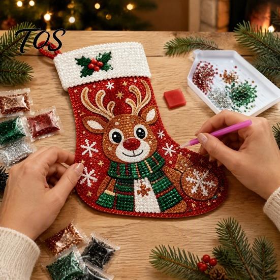 Parent Child Crafting Kits DIY Rhinestone Painting Christmas Stocking Kit, 6 Festive Patterns Crafts with Resin Handmade Gifts for Friends Drills And