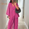 Women's Cotton Linen Two Piece Outfit Long Sleeve V Neck Button Top Wide Leg Pants Casual Loungewear Set