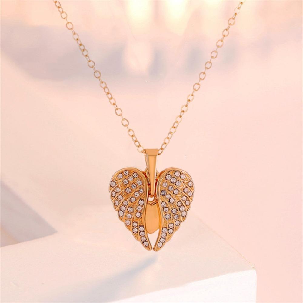 Heart Angel Wings Openable Pendant Necklace, Fashionable  Cute Party Jewellery Valentine's Day Gift, for Women, Mum